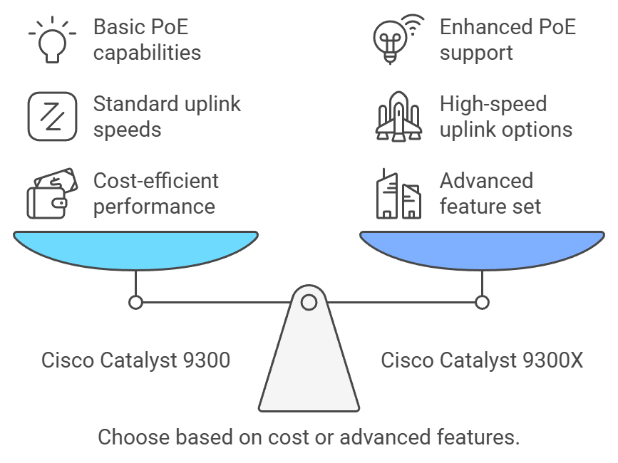 omparison of Cisco Catalyst 9300 and 9300X showcasing basic PoE, cost-efficient performance, and enhanced features like advanced PoE and high-speed uplinks.