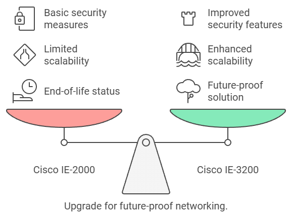 A comparison between Cisco IE-2000 and Cisco IE-3200 switches showing advantages of IE-3200. IE-2000 features include basic security, limited scalability, and end-of-life status. IE-3200 features include improved security, enhanced scalability, and a future-proof solution.