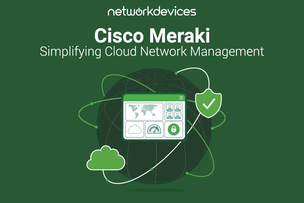 Cisco Meraki - Simplifying Cloud Network Management with secure, scalable, and efficient cloud-based solutions, represented by network icons and security shield.