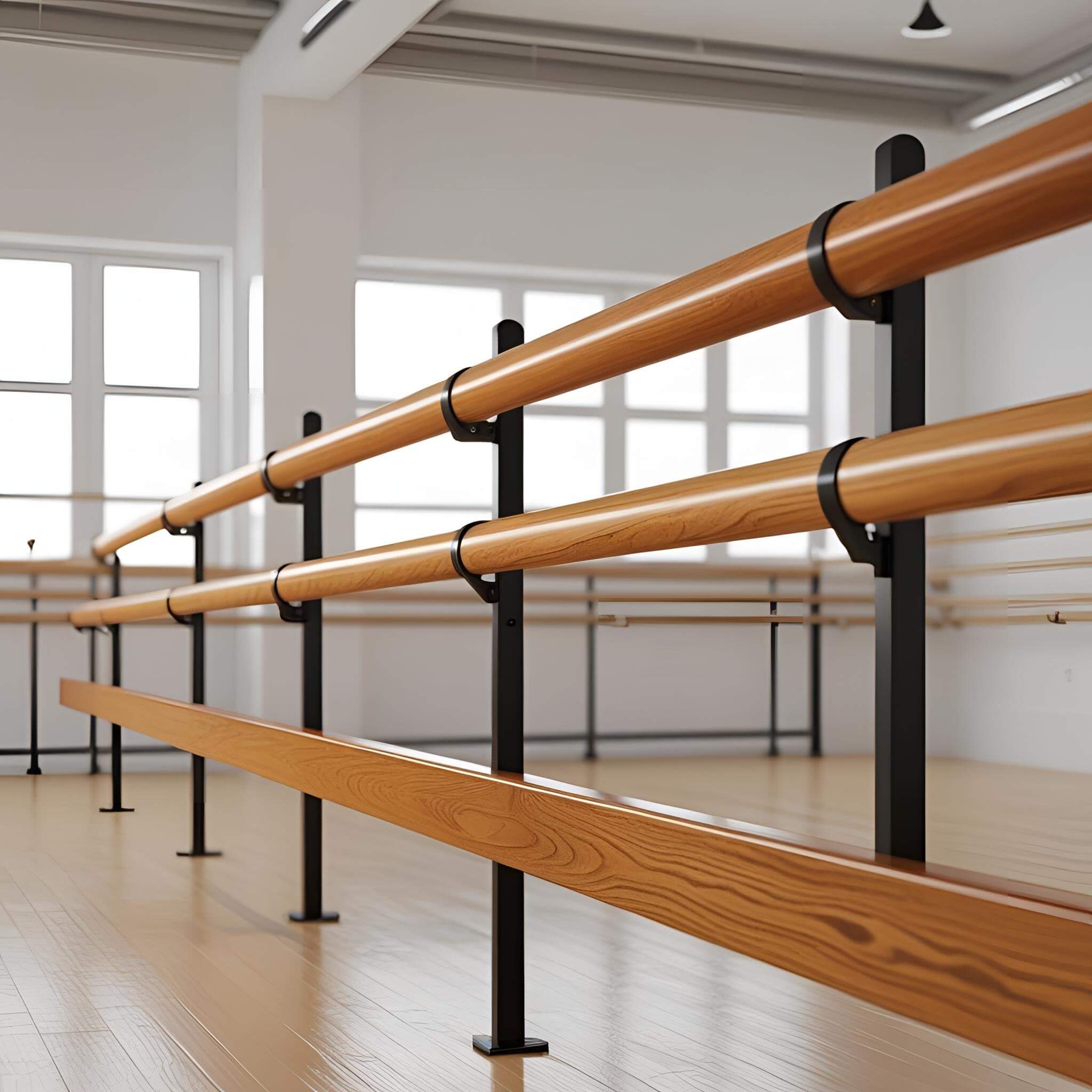 Close-up view of professional wooden ballet barres mounted on black metal supports inside a bright, modern dance studio with large windows and polished wood floors, showcasing Vita Barre’s high-quality ballet barres designed for strength, balance, and beauty.