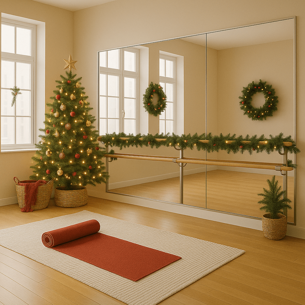 A festive home ballet studio decorated for the holidays, featuring a professional ballet barre with garland and lights, a Christmas tree, wreaths on mirrored walls, and a red yoga mat on a cream rug—creating a cozy and inspiring space for barre ballet and equipment for ballet practice.