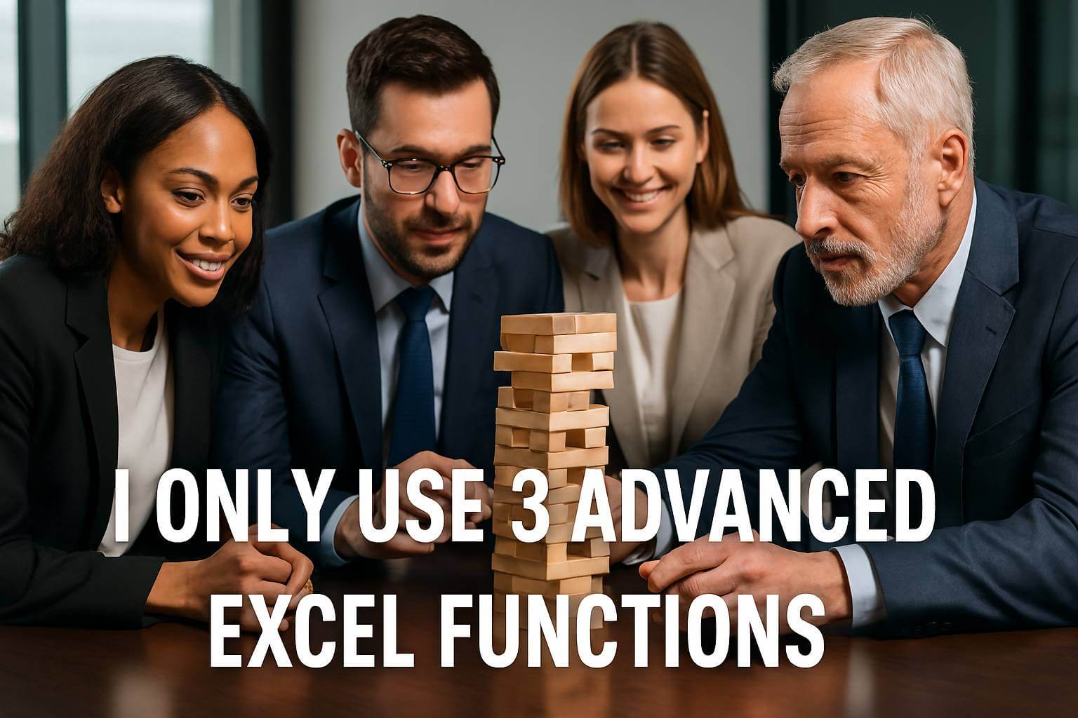 Corporate professionals playing a game similar to Jenga.