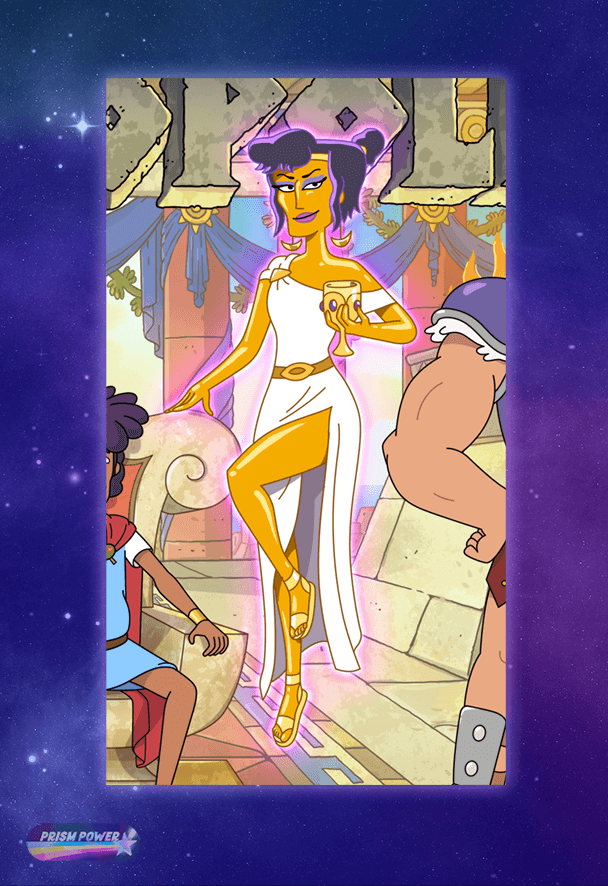Deliria from Krapopolis with gold skin, for Ep.04 of Prism Power, "Storytelling with Color."
