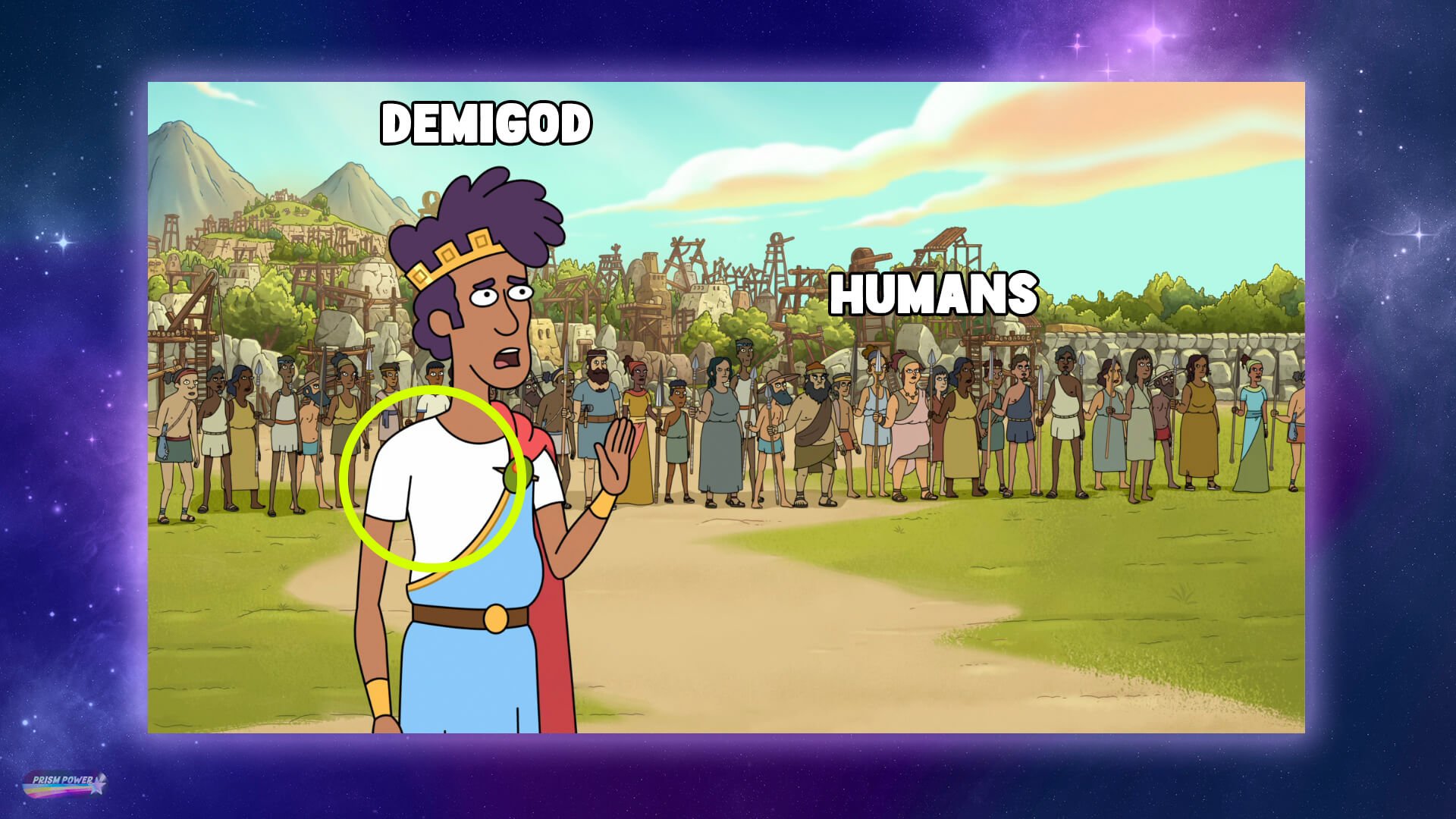 Tyrannis from Krapopolis standing in front of a crowd of humans, for Ep.04 of Prism Power, "Storytelling with Color."