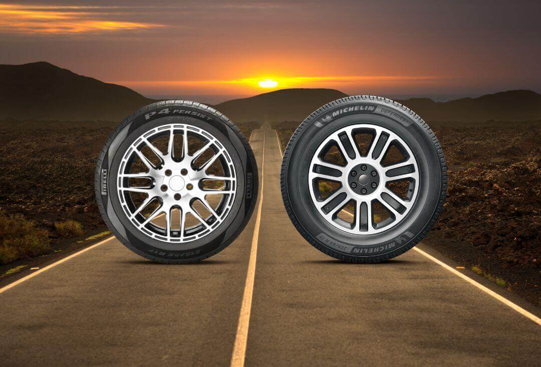 Michelin Defender 2 tire and the Pirelli P4 Persist AS Plus on the road.