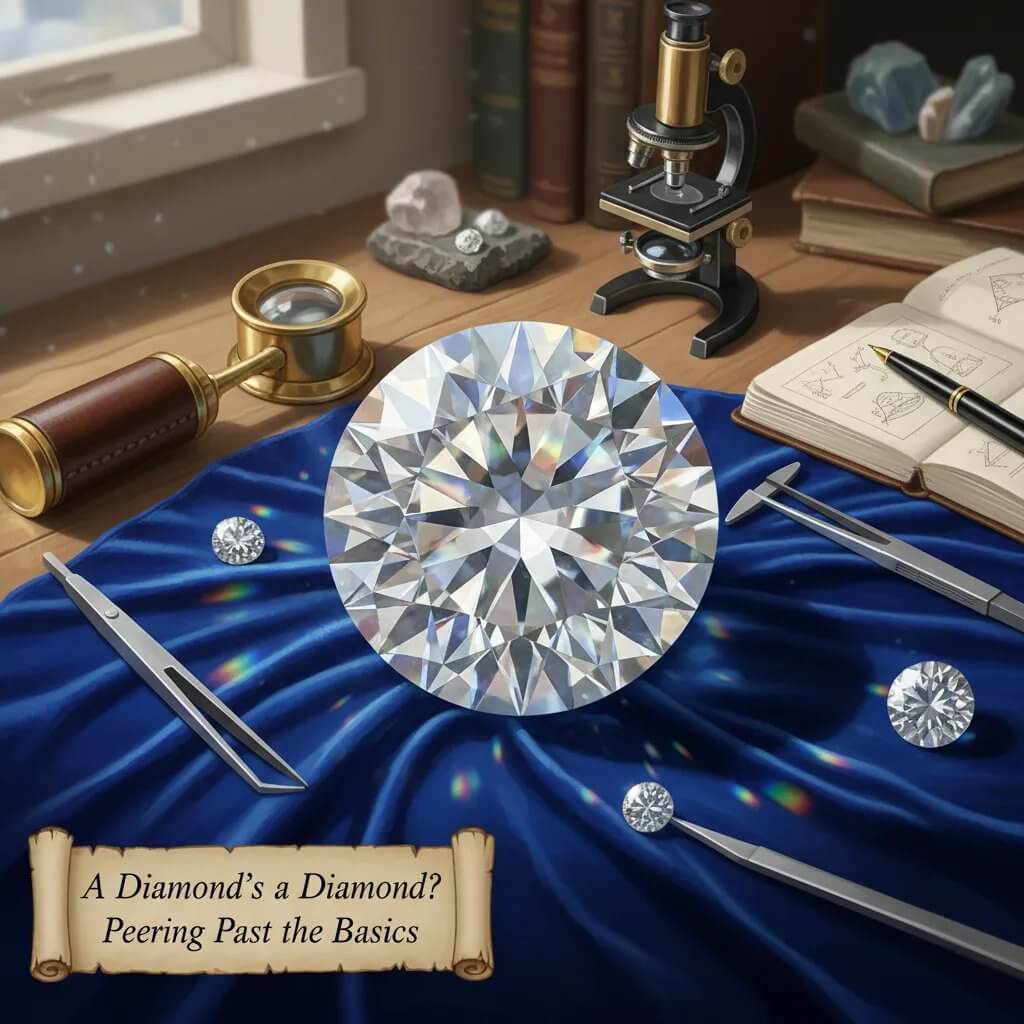 Andrew Wilson AI Image - Truth About Lab-Grown vs Natural Diamonds, a large diamond on a workbench with examination tools