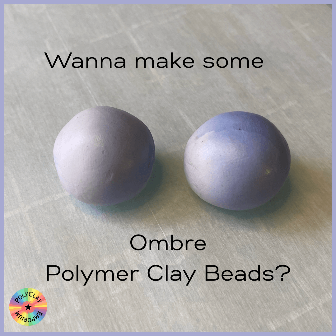 A picture of two polymer clay beads covered with an beautiful ombre blend of blue to white.