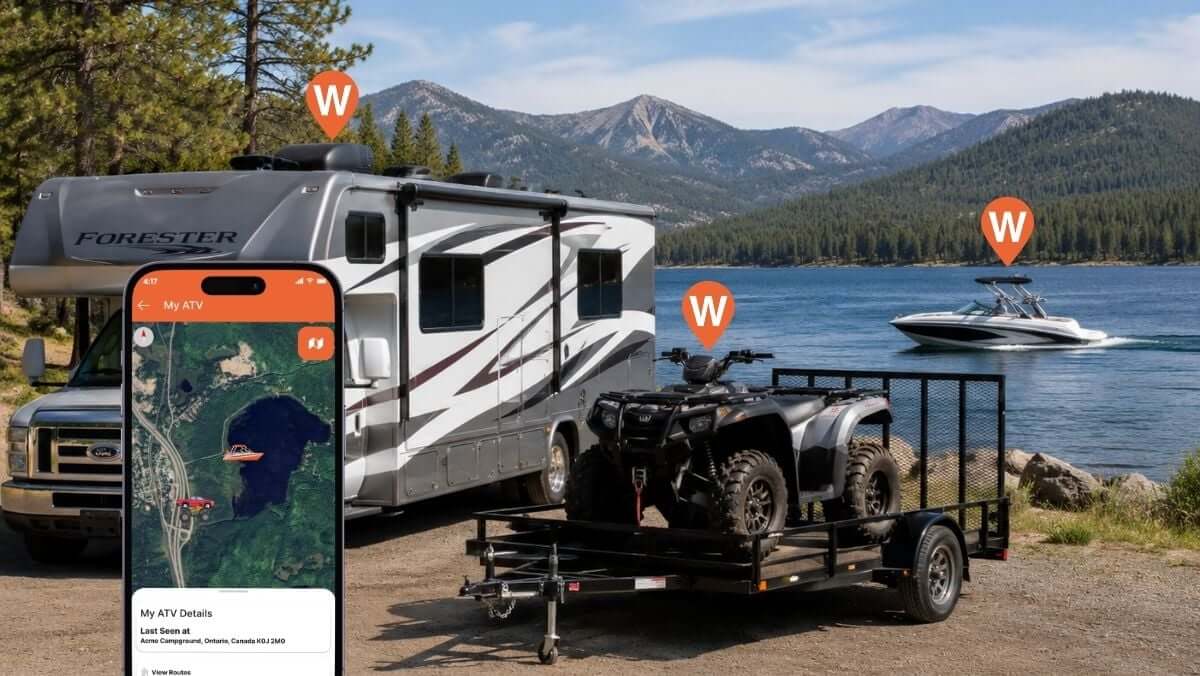 GPS Tracking on RV ATV and Boat with Wheresafe app overlay showing vehicles being tracked