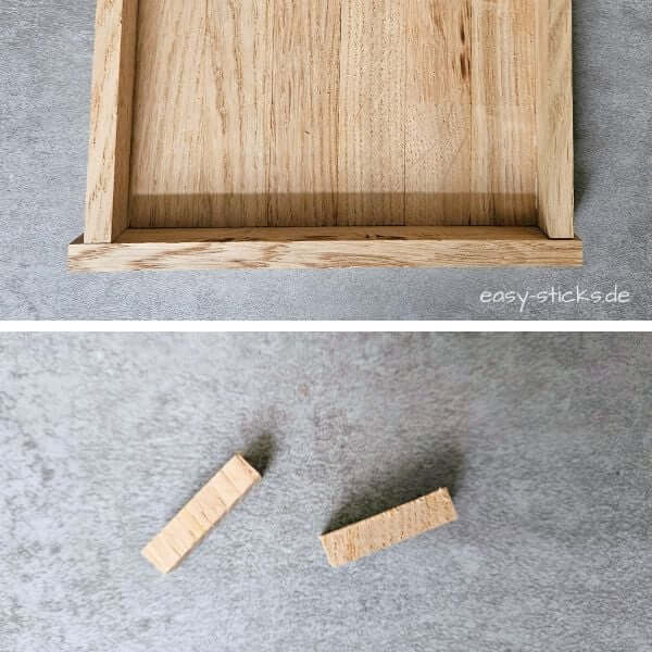 Holzstäbchen für das Würfeltablett mit einer kleinen Säge kürzen