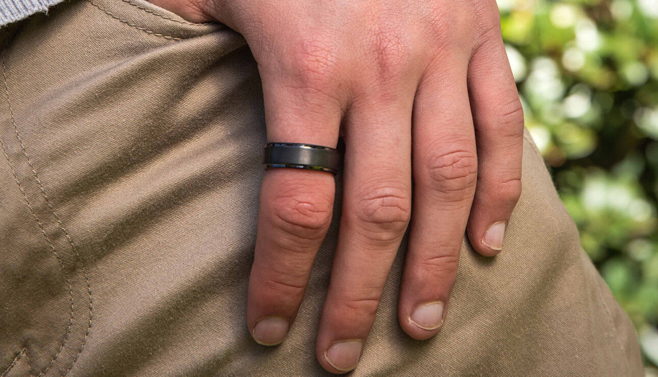 Men's Black Tungsten Wedding Ring with Padauk Wood
