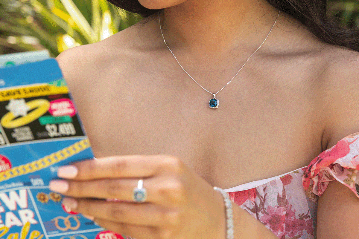 Blue pendant necklace with floral dress