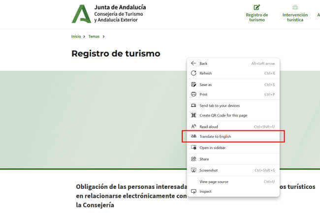 screenshot of how to translate a web page from Spanish to English