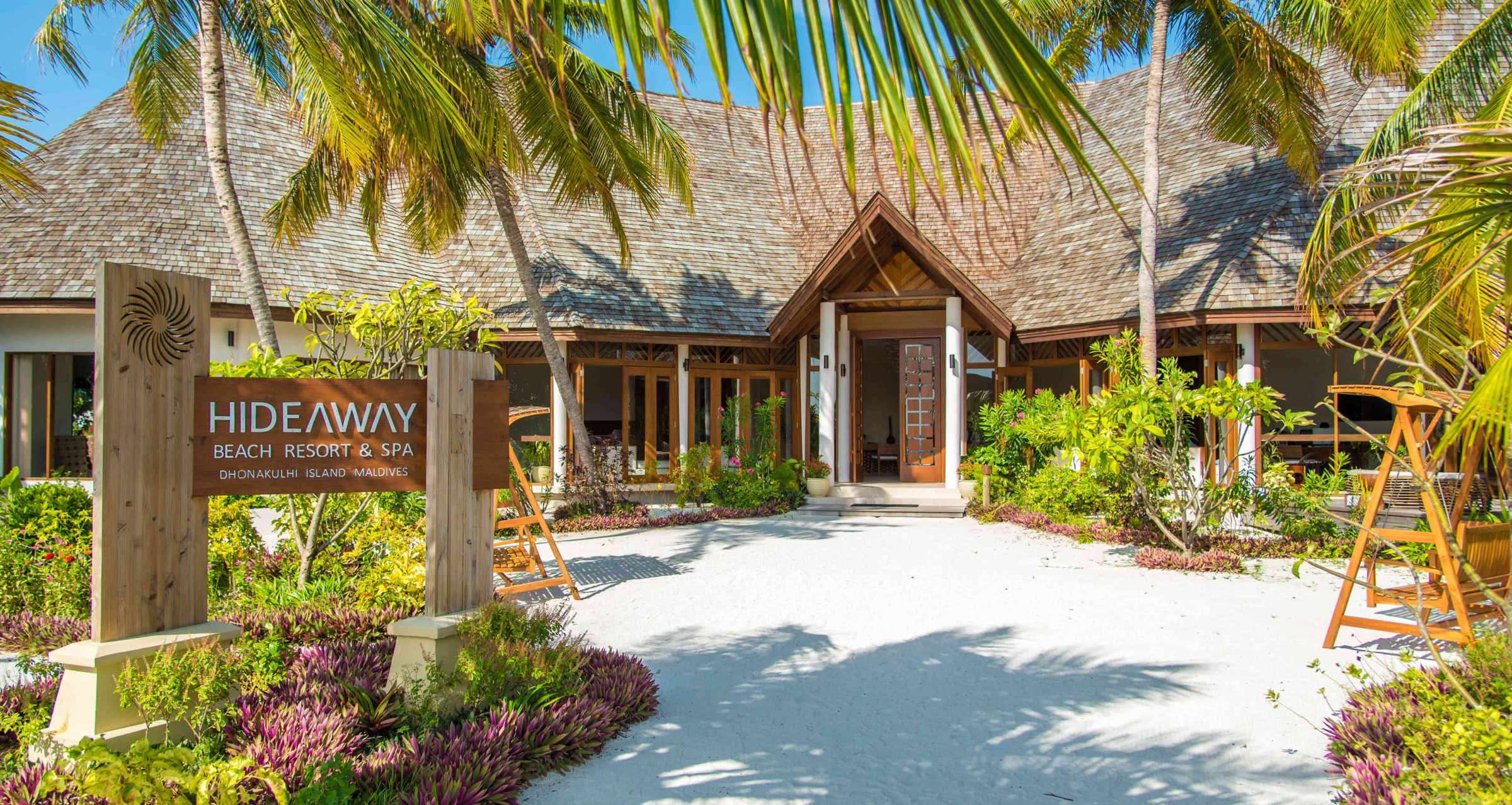 A view of the entrance to the reception at Hideaway Beach Resort & Spa in the Maldives.