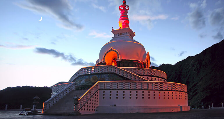 The temple of Shanti Stupa in Leh Ladakh India in the evening