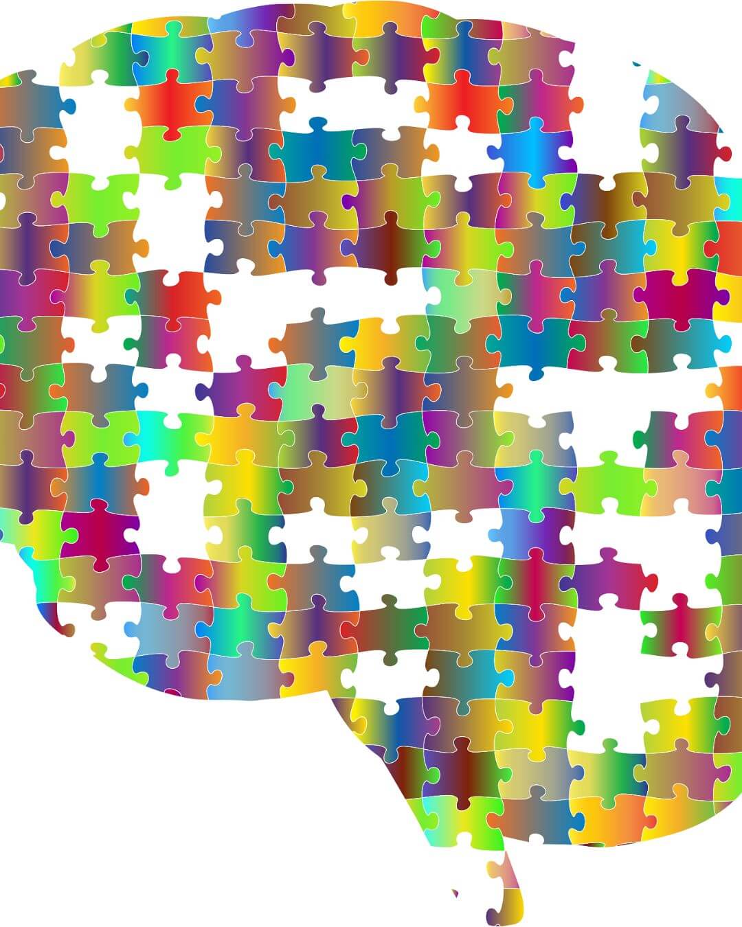 Un puzzle cérébral avec des pièces colorées et des sections manquantes, symbolisant les idées de Tomatis sur la thérapie cognitive et le Soutien aux TSA de l'étude 2019.