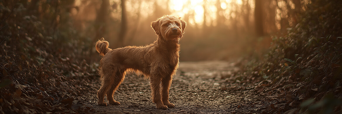 Rescue dog on forest trail at sunrise, symbolizing resilience and strength. Inspired by THiNK LiKE A DOG personal growth mindset