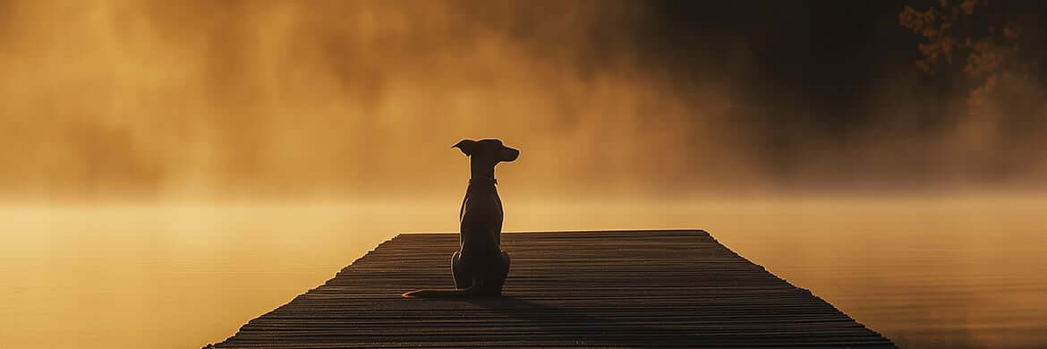 Whippet by misty lake at dawn, reflecting calm and mindfulness. A peaceful scene from the THiNK LiKE A DOG emotional wellness path