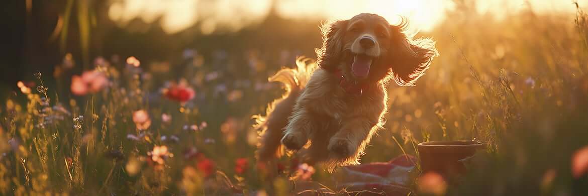 Cocker Spaniel playing in sunlit garden, full of joy and energy. Everyday happiness inspired by THiNK LiKE A DOG lifestyle
