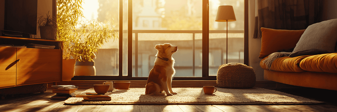 A cheerful dog sitting attentively on a cozy rug in a sunlit living room during golden hour. The warm light streams through large glass doors, casting soft shadows across the matte-finish wooden floor. Surrounding the dog are subtle details, including a woven pouf, a couch with vibrant cushions, and a coffee table with cups and plates, creating an inviting and serene atmosphere.