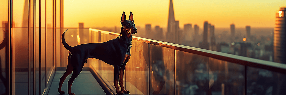 A sleek Doberman stands on a balcony at sunset, symbolizing resilience and joy of pet companionship—think like a dog apparel.