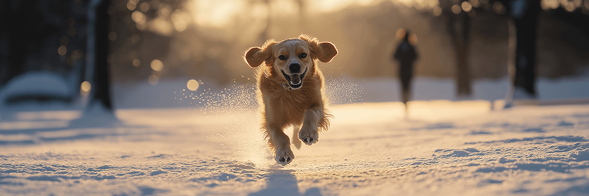 A golden retriever joyfully running through a snowy park during golden hour, its ears flapping and snow scattering beneath its paws. Soft, cinematic lighting enhances the vibrant energy of the scene, with dramatic shadows and warm tones creating depth. In the background, a blurred figure jogging adds a sense of movement and connection, complementing the dog's playful mood.