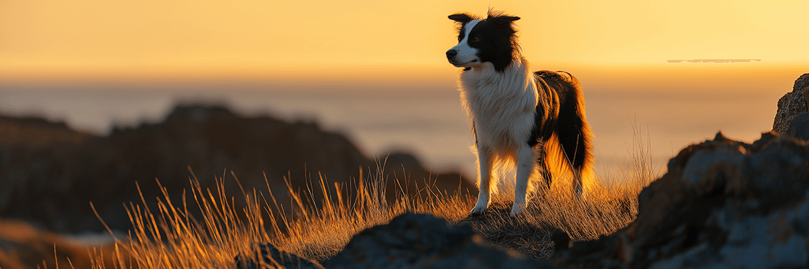 A Border Collie stands on a rocky hill at sunset, embodying resilience, canine wisdom, and the joy of pet companionship.