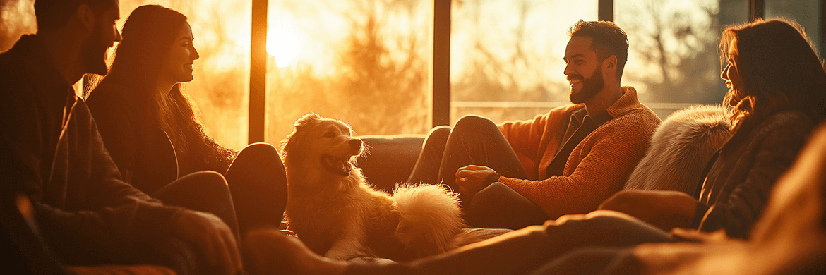 A group of friends sitting together in a cozy living room during golden hour, with warm sunlight streaming through large windows. A cheerful dog sits at the center, enjoying the joyful atmosphere. The rich textures of soft cushions, knit sweaters, and the dog's fur are highlighted by the soft cinematic lighting, creating a mood of connection, warmth, and elegant nostalgia.
