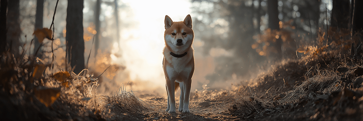A Shiba Inu stands confidently on a forest path, symbolizing resilience, canine wisdom, and the joy of pet companionship.