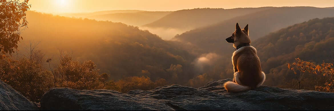 A serene dog sitting on a rocky ledge overlooking the misty valleys of the Blue Ridge Mountains at dawn. The golden hour light bathes the landscape in a warm glow, highlighting the autumn foliage and soft layers of mist in the distance. The scene evokes a sense of peace, connection with nature, and quiet reflection.