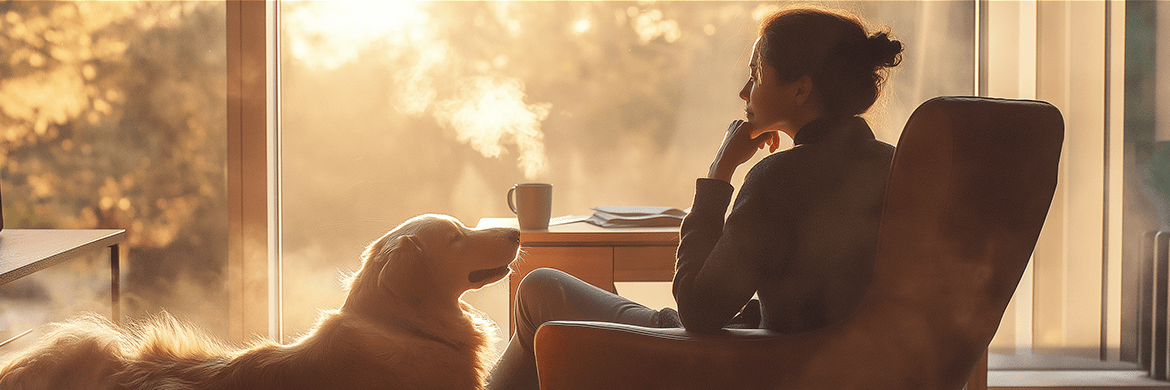 A serene home office scene during golden hour, featuring a woman deep in thought with a loyal dog at her feet and coffee nearby.