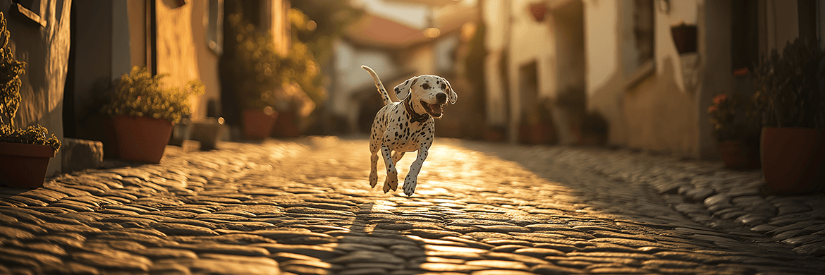 A joyful Dalmatian runs through a sunlit cobblestone street, radiating positivity, resilience, and the joy of pet companionship.