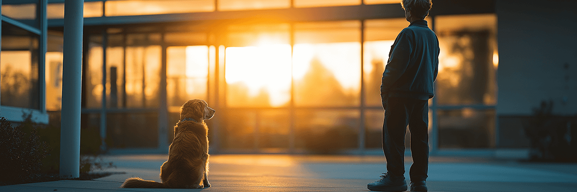 A golden retriever and its owner stand outside a hospital at golden hour, bathed in warm sunlight, evoking calm and quiet resolve.