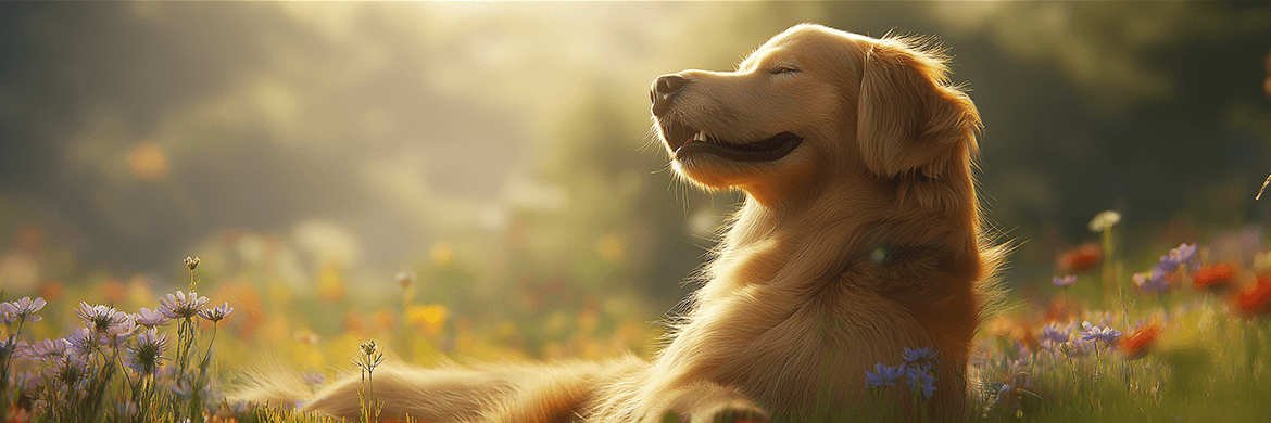 A golden retriever relaxes in a sunlit meadow, eyes closed, embodying canine-inspired calm and joy for dog lovers and pet parents.