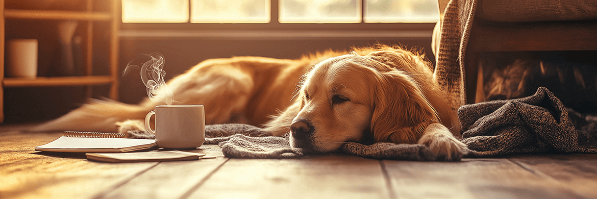 A golden retriever resting peacefully on a soft blanket, basking in a warm patch of sunlight streaming through a nearby window. A steaming cup of coffee and an open notebook sit on the wooden floor, adding a cozy and tranquil atmosphere. The golden hour glow enhances the rich textures of the dog's fur, the blanket, and the smooth wood, creating a scene of calm and mindful relaxation.