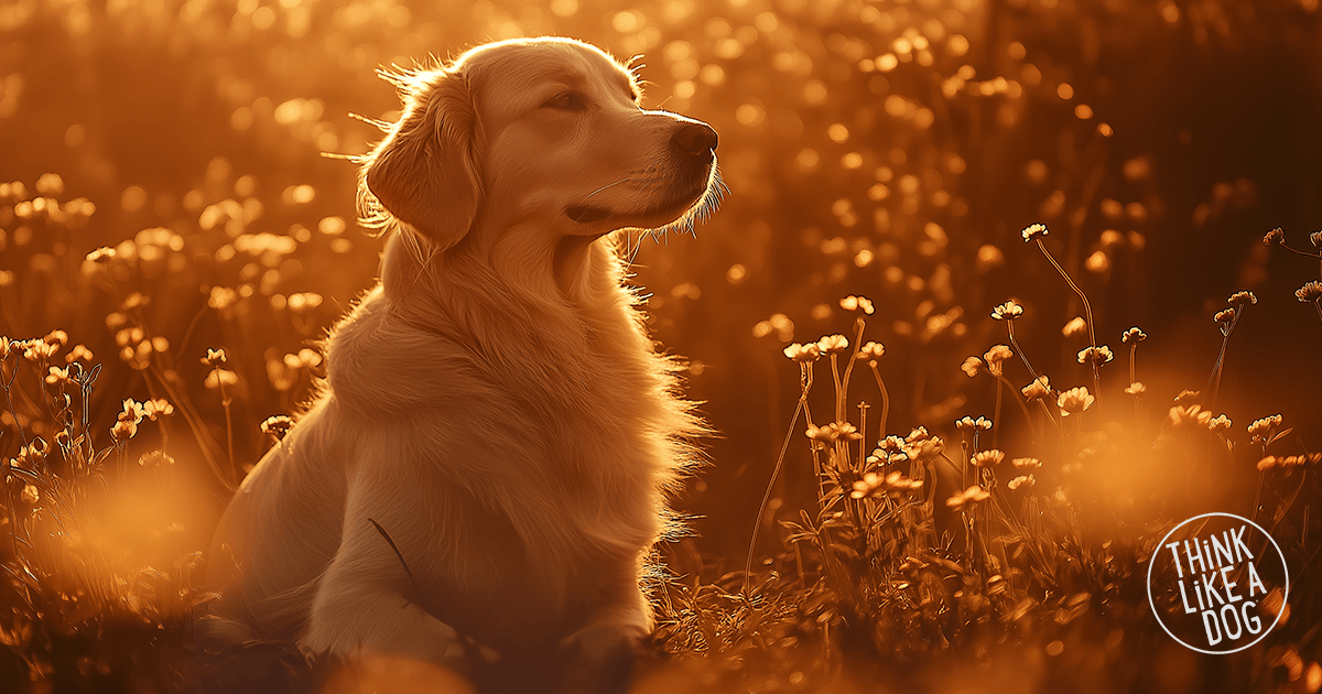 A golden retriever sits in golden hour light, embodying canine-inspired calm. Perfect for pet lovers and dog enthusiasts seeking inspiration.