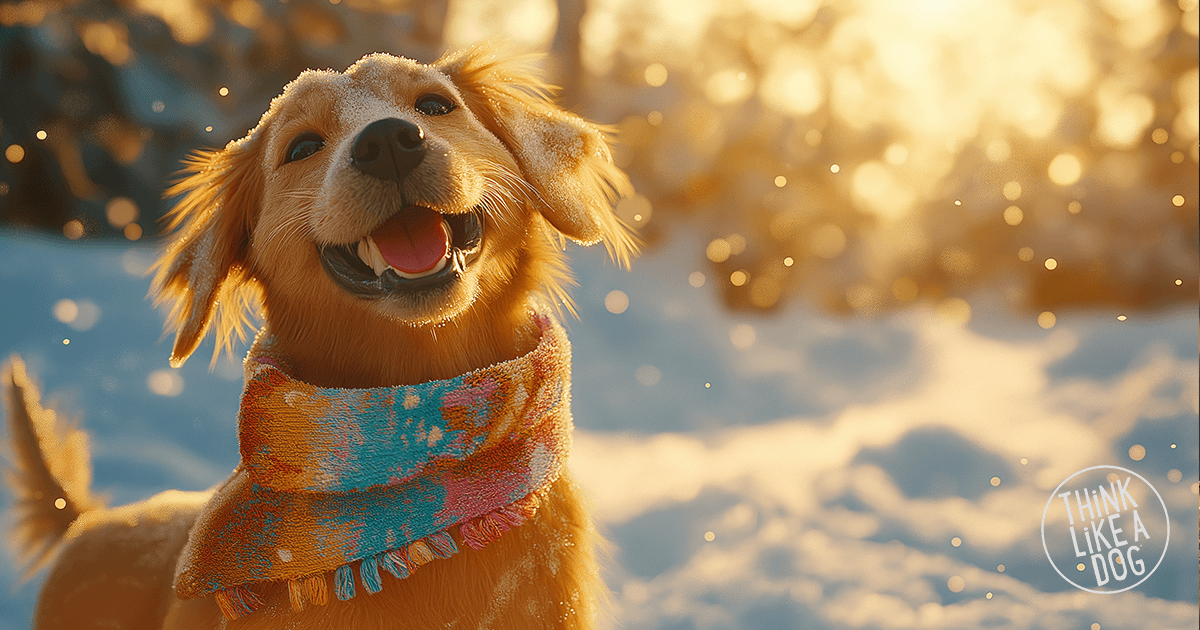 A cheerful dog in the snow at golden hour, wearing a colorful scarf. Warm light highlights its fur, with sparkling snow and cozy winter vibes.