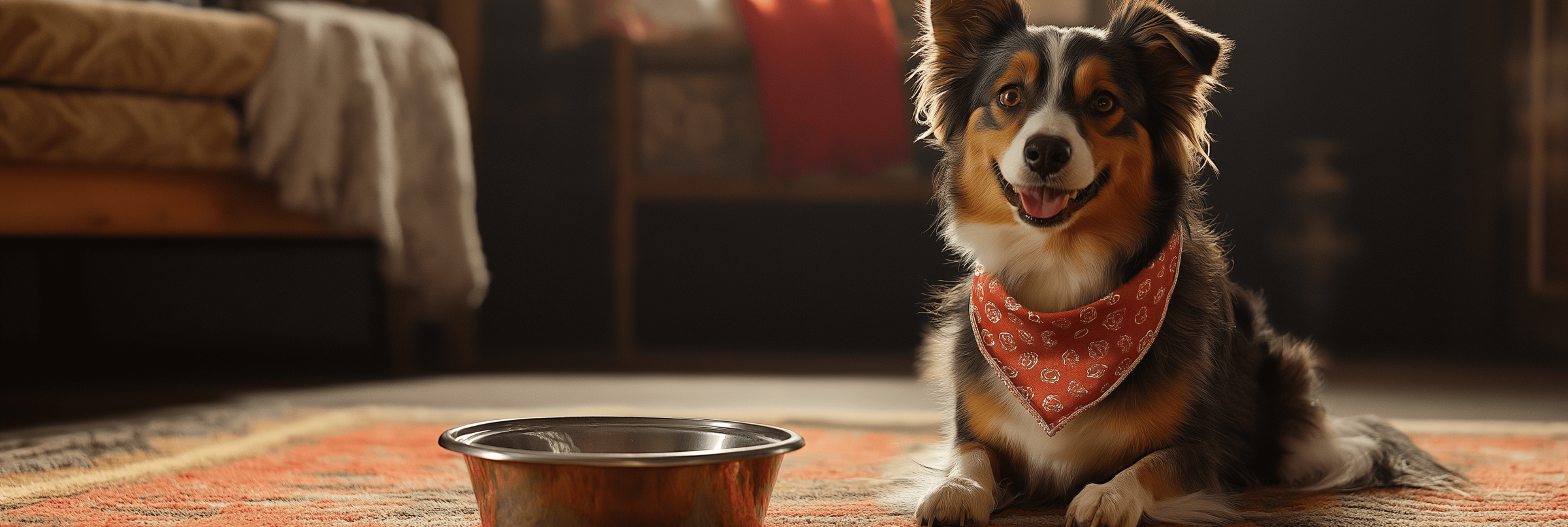 A cheerful dog wearing a bright, patterned bandana sits on a cozy rug next to a shiny water bowl in a warmly lit room. The dog’s happy expression exudes "Dog Enthusiast Apparel" energy, making it perfect for promoting "Pet Parent Shirt" or "Feel Better Apparel." This scene highlights joy, connection, and the importance of hydration—an ideal visual for dog moms and pet lovers alike.