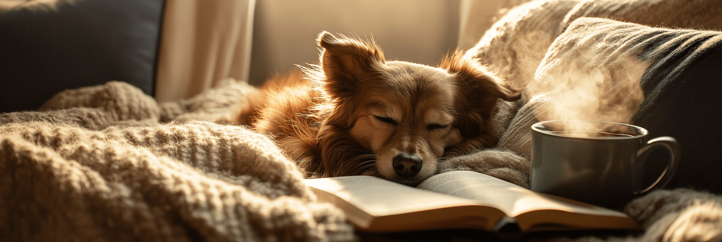 A cozy dog curled up on a plush blanket, exuding peace and comfort, while golden-hour sunlight streams through the window. Beside the dog is a steaming mug of tea and an open book, creating a serene scene that embodies "Feel Better Apparel" and "Dog Lover Tee" vibes. Perfect for dog moms and pet lovers seeking wellness and positive mindset inspiration.