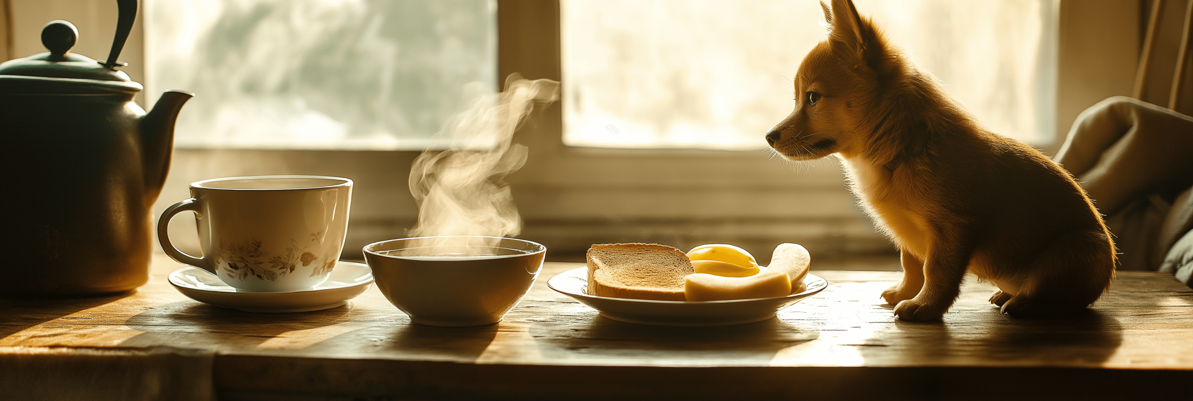 A cozy kitchen scene featuring a small dog attentively sitting by a wooden table set with a steaming bowl of broth, a teapot, and a cup of ginger tea. Next to the bowl are slices of toast and bananas on a plate, illuminated by soft golden-hour sunlight streaming through the window. This inviting moment emphasizes "Feel Better Apparel," "Dog Lover Tee," and wellness-inspired nourishment for dog moms and pet lovers seeking comfort and healing.