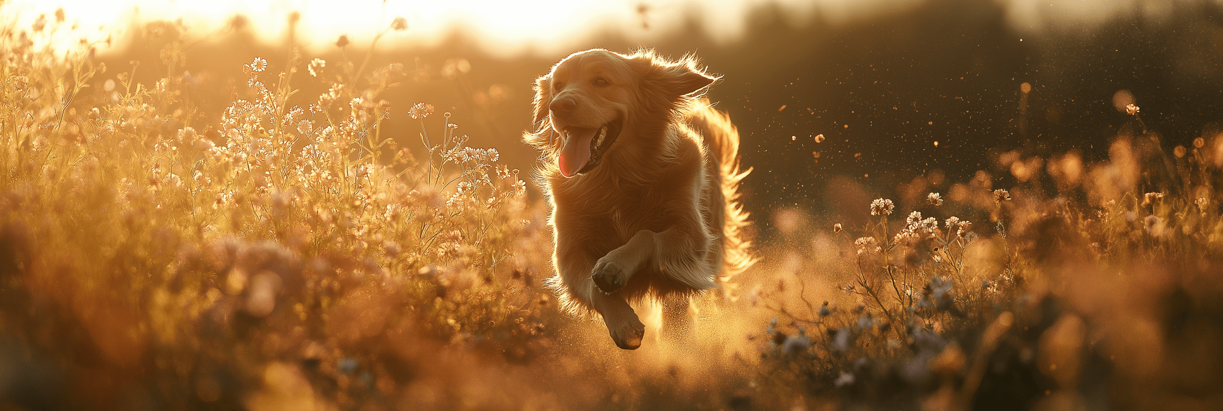A joyful Golden Retriever bounding through a sunlit field of wildflowers during golden hour. The dog's fur glistens in the warm light as it runs with an open mouth and wagging tongue, radiating pure happiness. The soft, golden tones of the scene highlight the delicate flowers and floating pollen, creating a dreamy, serene atmosphere.
