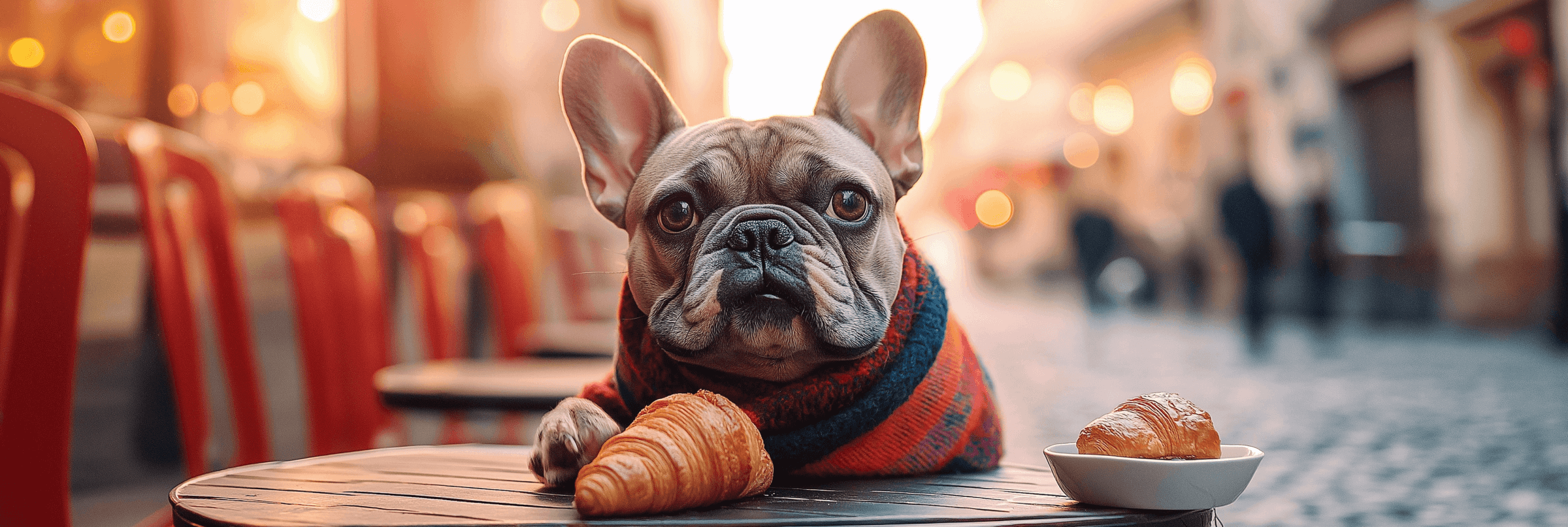 A playful French Bulldog wearing a vibrant scarf sits at an outdoor café table with a croissant in front of it. The background features a softly blurred European street scene at sunrise, with warm, glowing bokeh lights adding a cozy, inviting atmosphere. The dog gazes directly at the camera with a curious expression, embodying charm and sophistication.