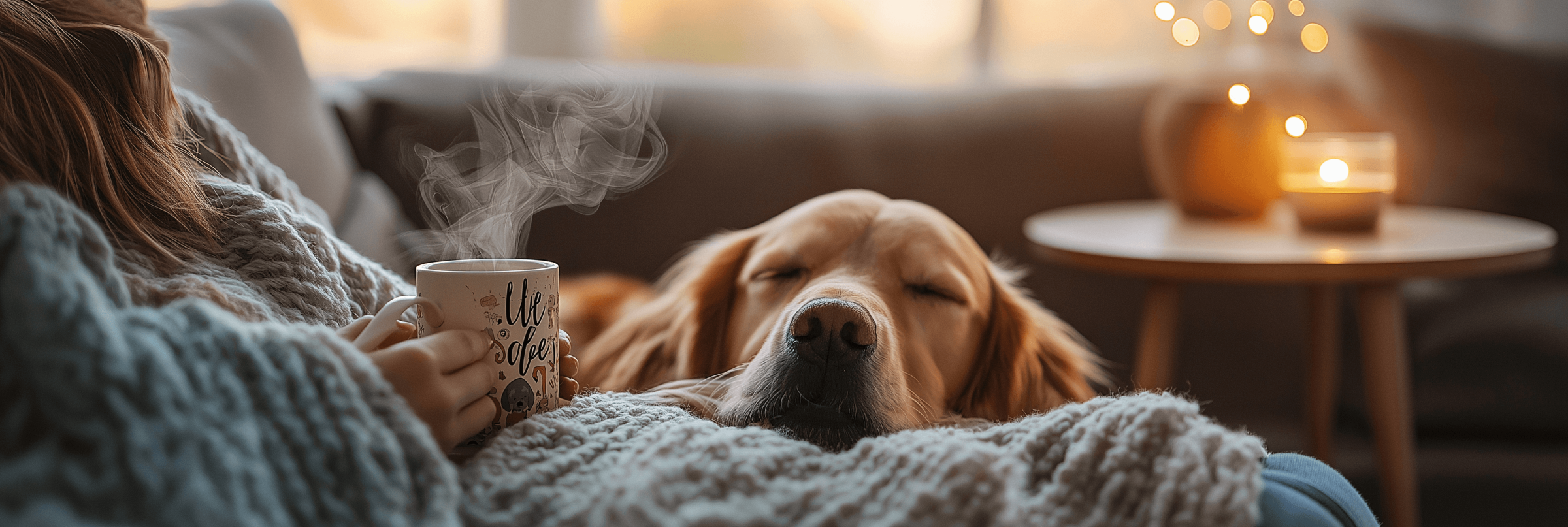 A serene living room featuring a person wrapped in a textured blanket, holding a steaming mug with a cozy, whimsical design. A golden retriever rests peacefully on their lap, while soft golden light from nearby candles and a large window fills the space. A small table adorned with glowing candles enhances the tranquil atmosphere. This image highlights "Feel Better Apparel," "Dog Mom Gift," and "Positive Mindset Shirts," promoting themes of comfort, relaxation, and the joy of companionship for pet lovers and wellness enthusiasts.