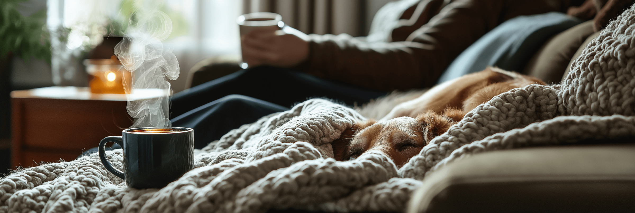 A peaceful living room scene with a person resting on a plush sofa, holding a steaming cup of tea, while a golden retriever naps contentedly under a cozy knitted blanket. A second steaming mug sits nearby on a soft throw, illuminated by warm, natural light streaming through the window. This comforting moment emphasizes "Feel Better Apparel," "Dog Lover Tee," and "Pet Parent Shirt," showcasing themes of relaxation, companionship, and healing for dog moms and wellness enthusiasts.