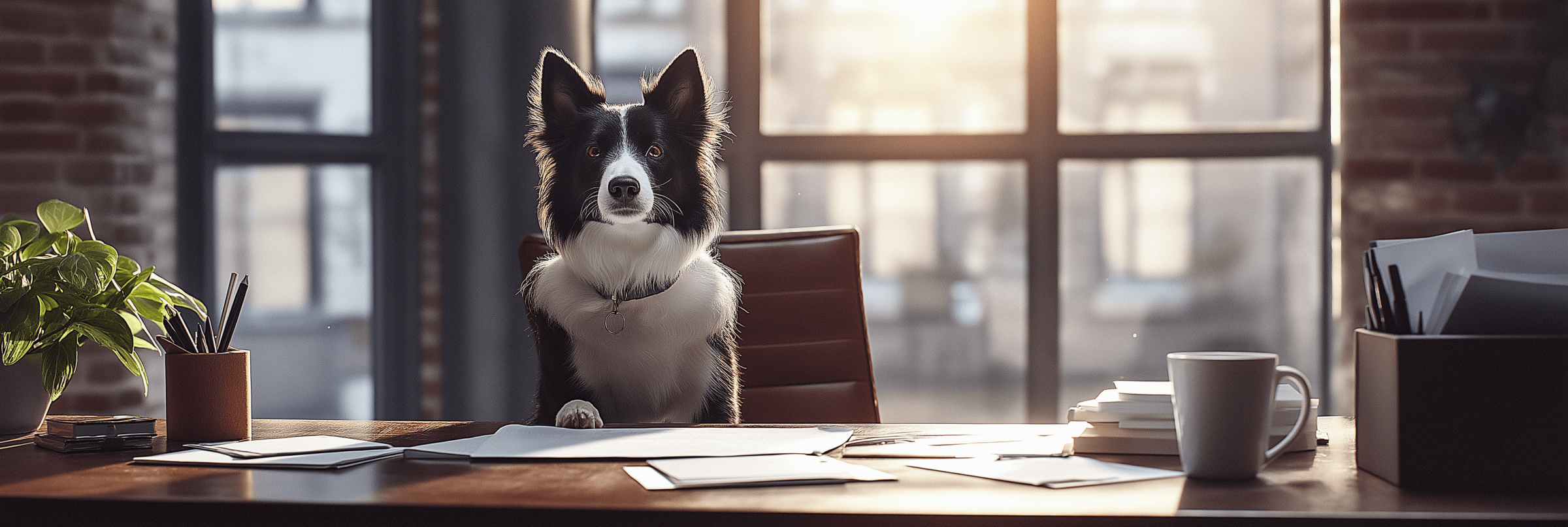 An elegant Border Collie sitting attentively at a mid-century modern desk in a softly lit office. The desk is adorned with paperwork, a coffee mug, and a pencil holder, with a leafy plant adding a touch of greenery. Sunlight streams through large industrial-style windows, casting warm, natural light across the scene. The dog exudes a calm and dignified presence, embodying focus and professionalism.
