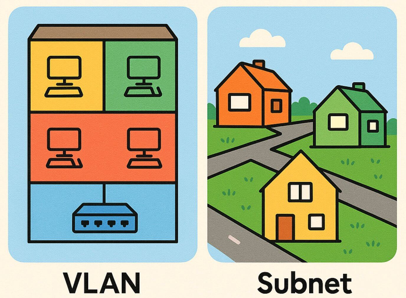 Schéma illustrant la différence entre VLAN et sous-réseau avec segmentation Layer 2 et Layer 3