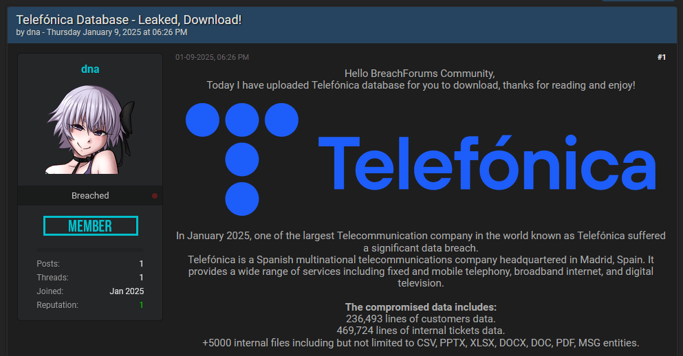 Post illustrant la publication de données fuitées suite à une cyberattaque sur Telefonica.