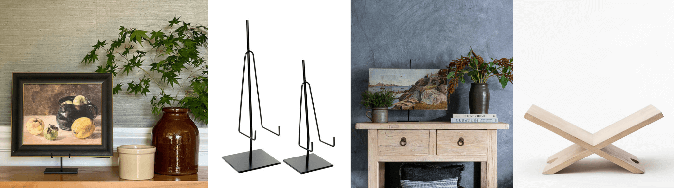 Images of metal art easels and oak book display.