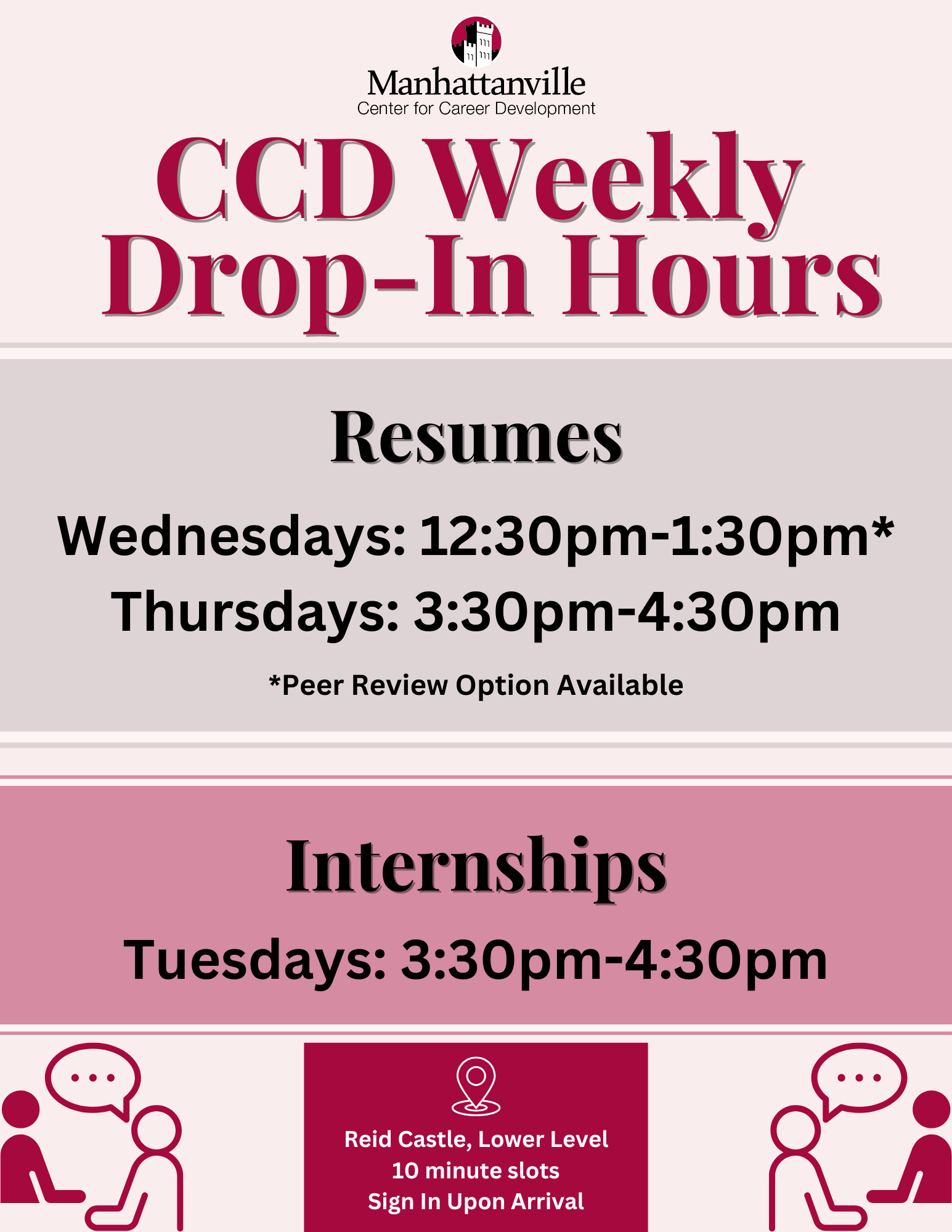 Graphic includes the text: CCD Weekly Drop-in Hours. Resumes Wednesday 12:30 - 1:30 (Peer review option available) Thursday 3:30 - 4:30. Internships Tuesdays 3:30 - 4:30 Reid Castle Lower Level 10 minute Time Slots, Sign in Upon Arrival. Color palette is maroon and pink with gray accents. There is a graphic of two people talking in the corners.