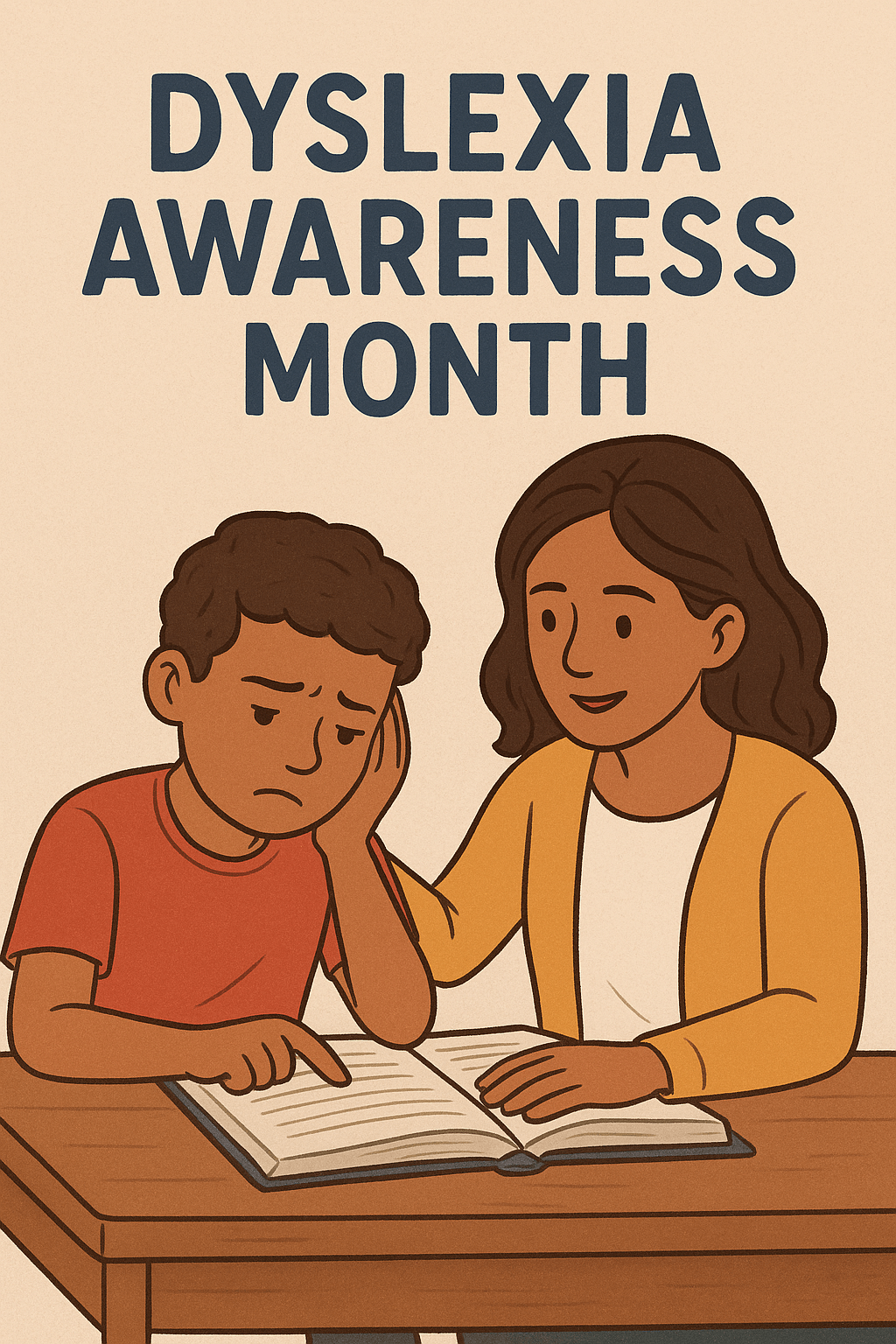 Dyslexia Awareness Month--teacher guiding a frustrated reader.