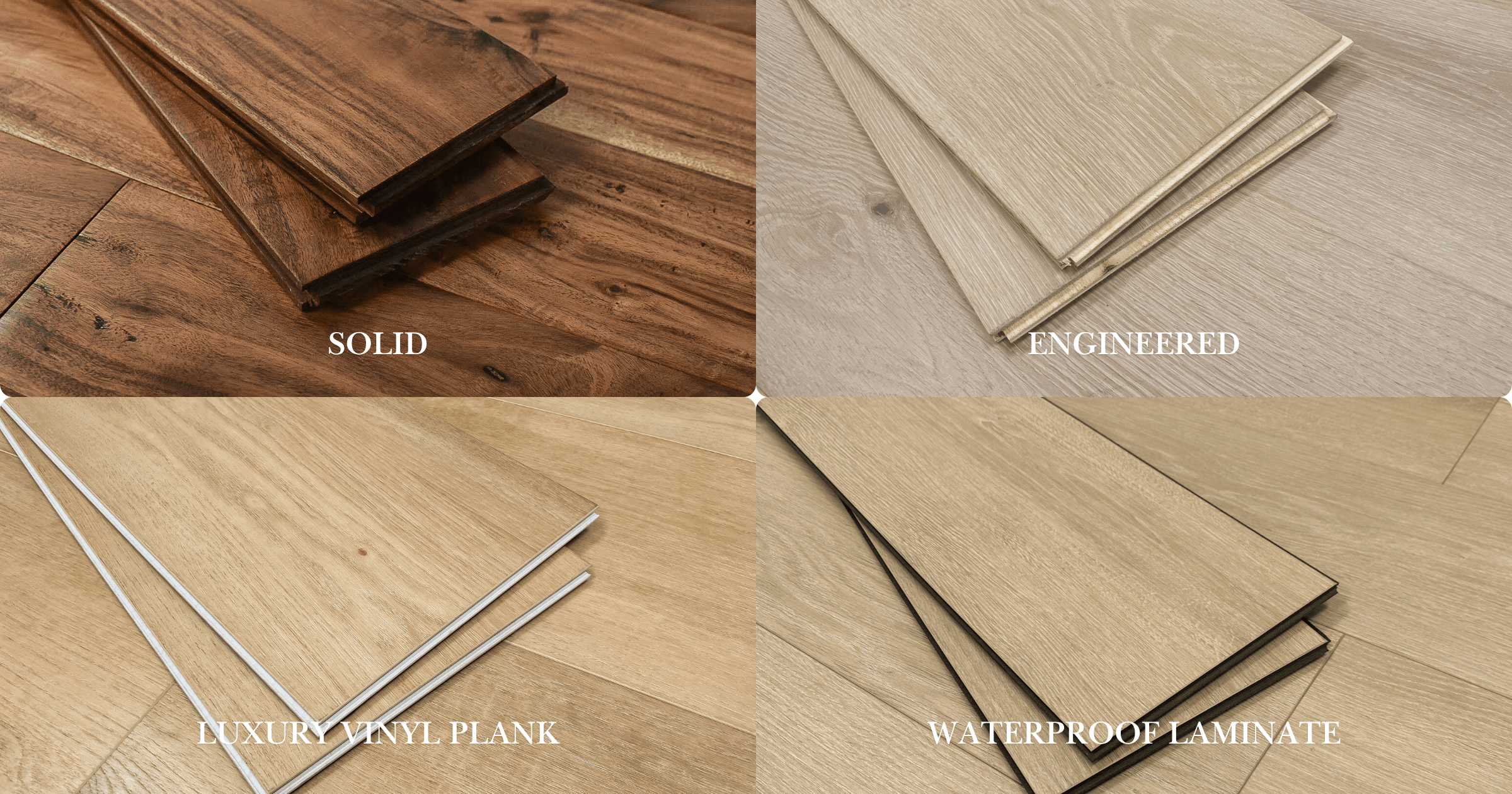 Four different types of hardwood floors displayed together to show the visual differences between solid hardwood, engineered hardwood, luxury vinyl plank, and waterproof laminate flooring